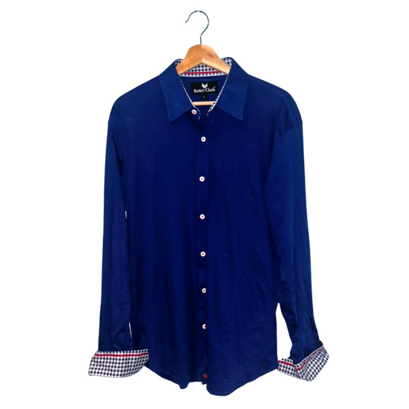 Butter Cloth Shirt Large Blue Button Up Icy Cotton Flip Cuff Stretch Performance - Picture 3 of 7